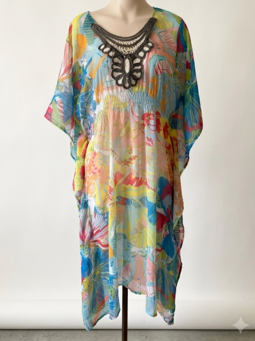 Sol & Mer Crochet Neck Tropical Kaftan Coverup Floral One Size Long Boho